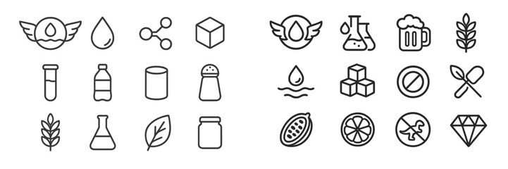 Fototapeta premium Collection of minimalist line icons representing various concepts related to science, food, and nature in a modern design layout
