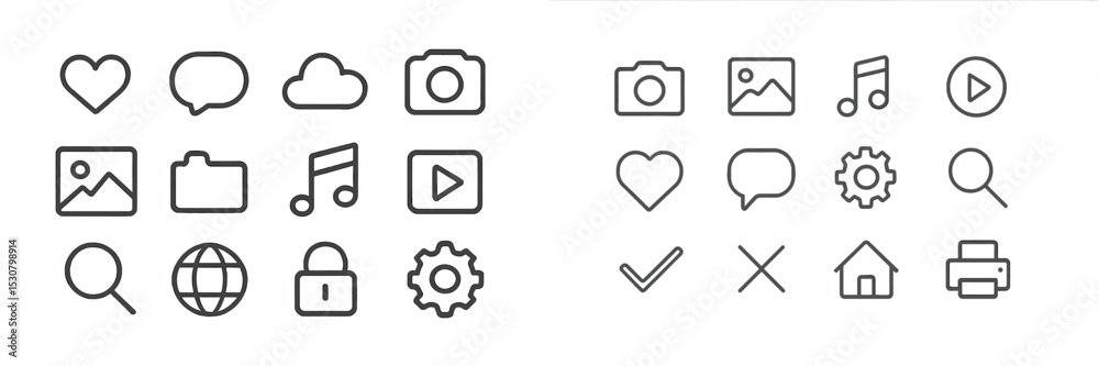 Aufkleber Collection of line icons representing various digital and social media elements used for communication and interaction online