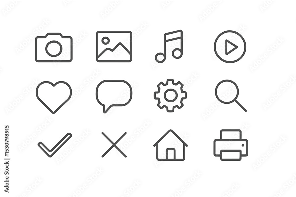 Poster Icon collection showcasing common digital functions and symbols for user interaction in user interface design