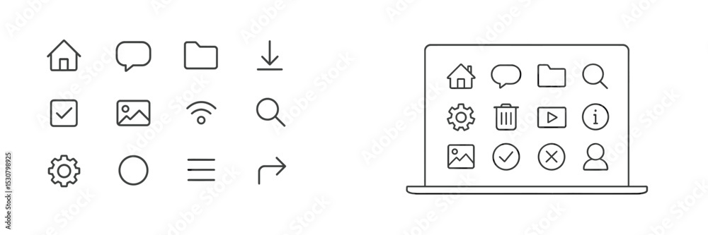 Fototapete Various icons displayed on a computer screen representing digital functions and navigation elements in a minimalist style