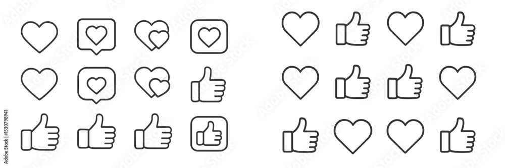 Aufkleber Collection of simple line icons representing hearts and thumbs up in a grid layout for digital communication
