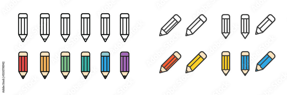 Aufkleber collection of colored and monochrome pencils arranged in diverse patterns on white background