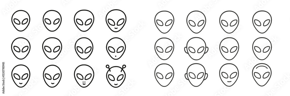 Poster Various alien face designs showcasing whimsical expressions and features in a grid format