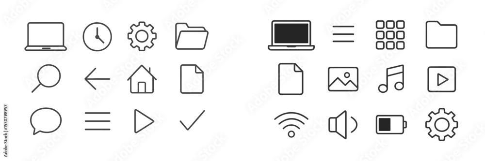 Poster Collection of minimalist icons representing technology and user interface elements for design purposes