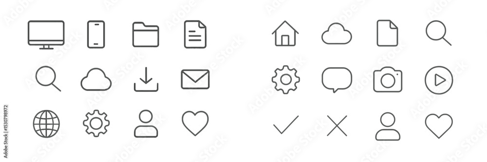 Poster collection of simple line icons representing technology, communication, and home concepts placed on 