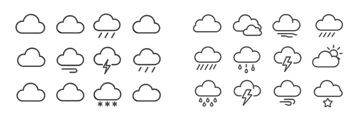 Fototapeta premium Various cloud symbols representing weather conditions such as rain, thunder, and sun at different times