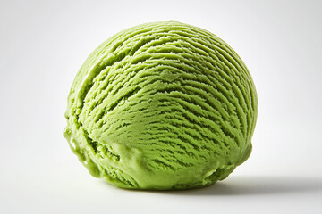 Single Bright Green Scoop of Matcha Flavored Ice Cream on White Background
