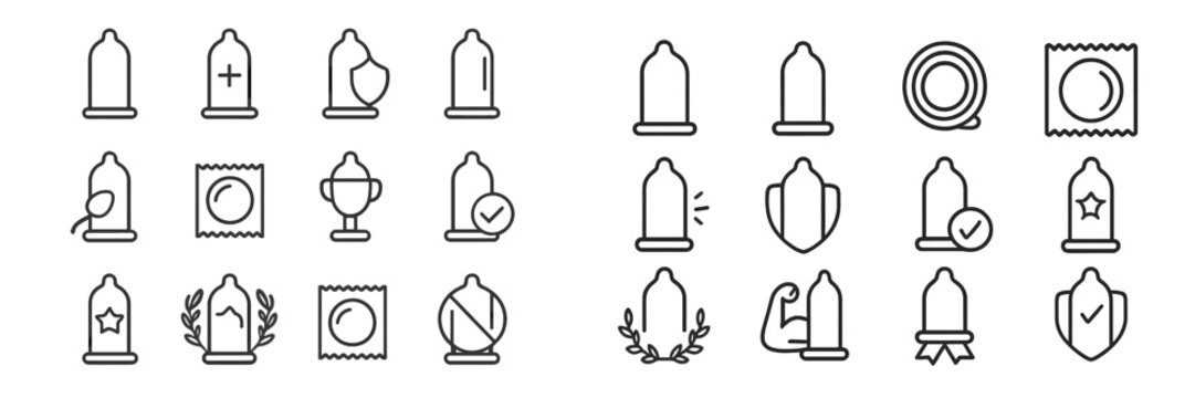 Collection of various condom icons representing safety, protection, and health practices in a modern and minimalist style