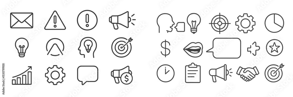 Poster Collection of various line icons representing communication, business, and teamwork concepts in a modern design