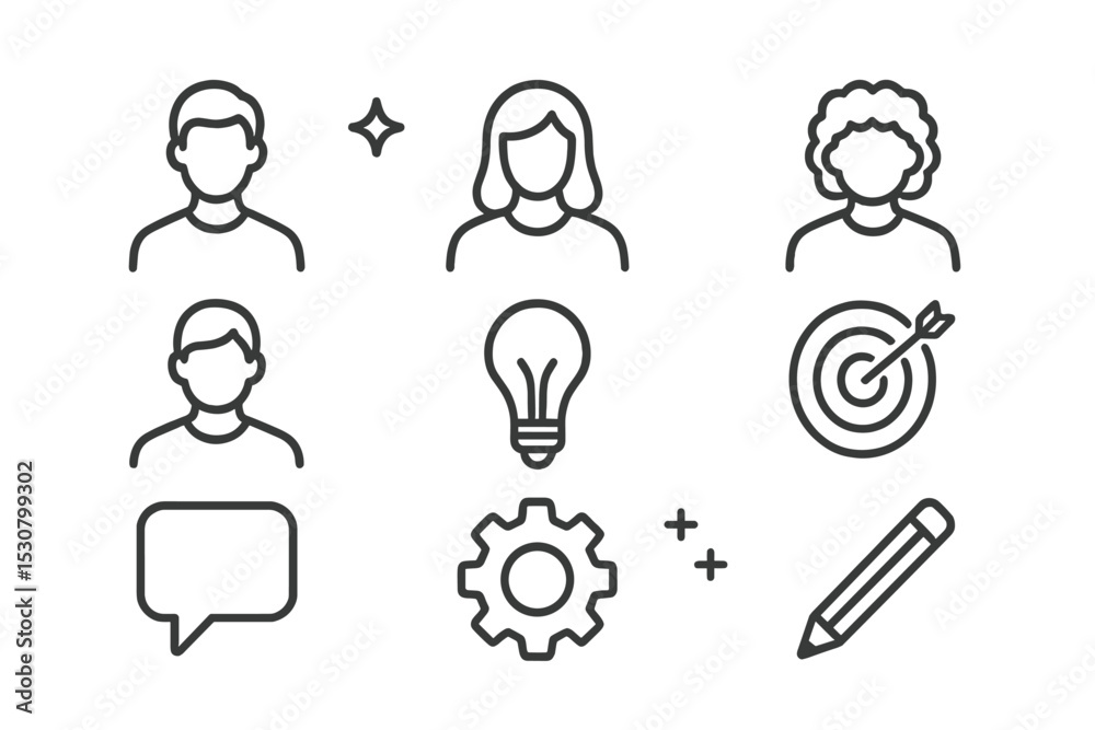 Poster diverse group of people and symbols representing creativity, communication, and targets in a simple 