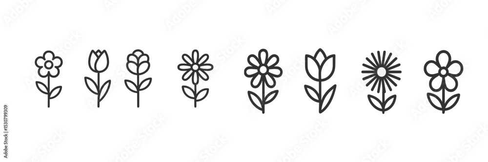 Poster various floral designs in simple line art style showcasing different types of flowers and plants aga