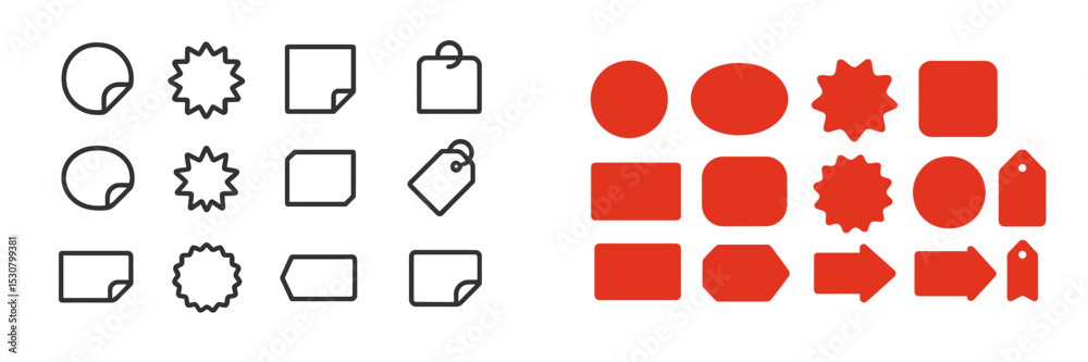 Aufkleber Collection of abstract shapes and icons in black outline and solid red colors displayed on a white background