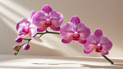 Beautiful floral background featuring pink phalaenopsis orchids on a light background with pastel colors, captured with selective focus in close-up.