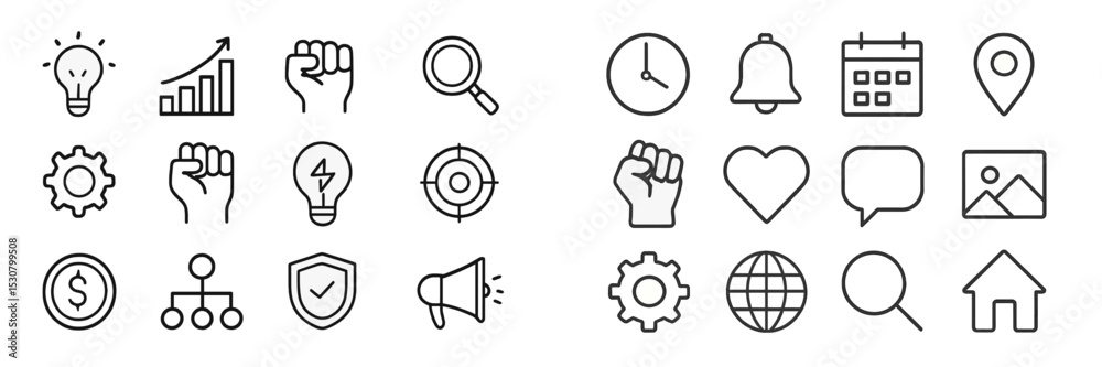 Poster icons representing various concepts such as growth, communication, and productivity in a minimalist 