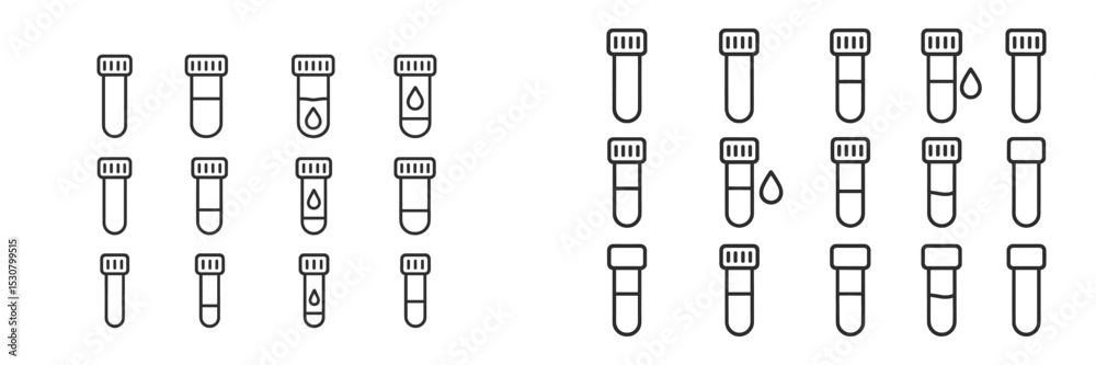 Poster collection of laboratory test tubes arranged in a grid showing various states and conditions of liqu