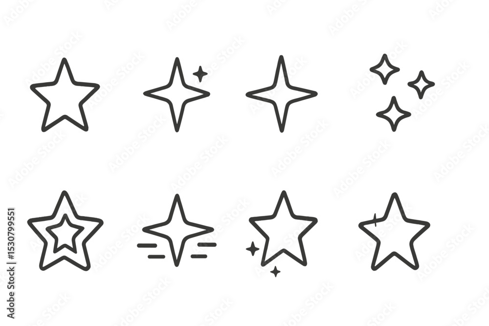 Poster various hand-drawn star illustrations in different styles and designs suitable for creative projects