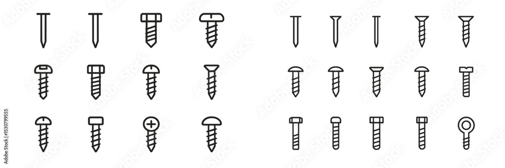Poster Collection of different types of screws and nails displayed in a grid format showing various designs and shapes