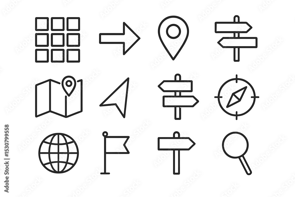 Leinwandbilder Collection of navigation symbols including maps, arrows, and location markers for orientation and wayfinding purposes