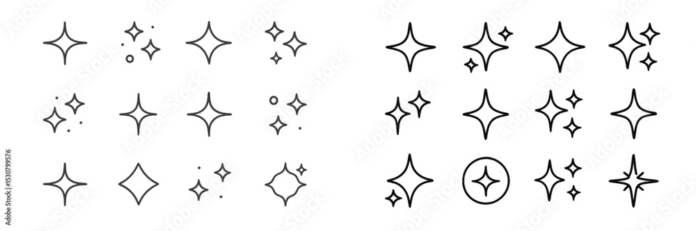 Aufkleber collection of various star illustrations in simple line art style for graphic design projects