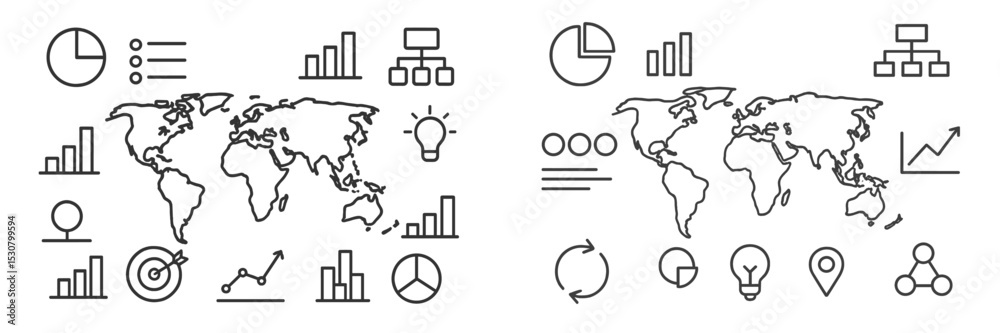 Poster World map with statistical icons illustrating global data analysis and visualization at a business meeting