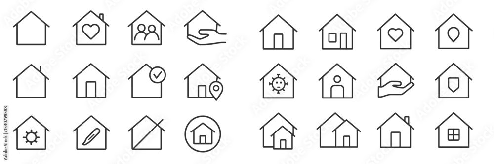 Poster collection of simple house icons representing various themes and concepts related to home and commun