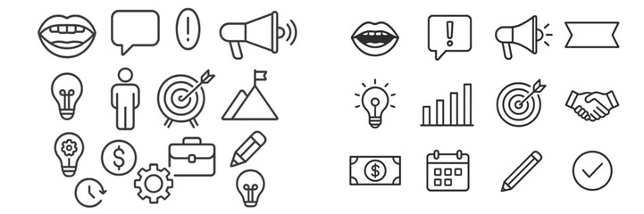 Creative icons representing communication, ideas, success, and planning in a modern design layout