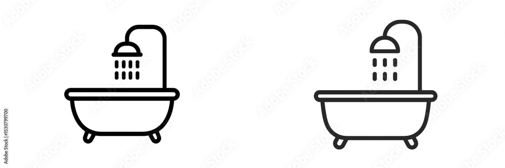 Poster two minimalist bathtub icons depicting shower heads with water streams designed in simple line art s
