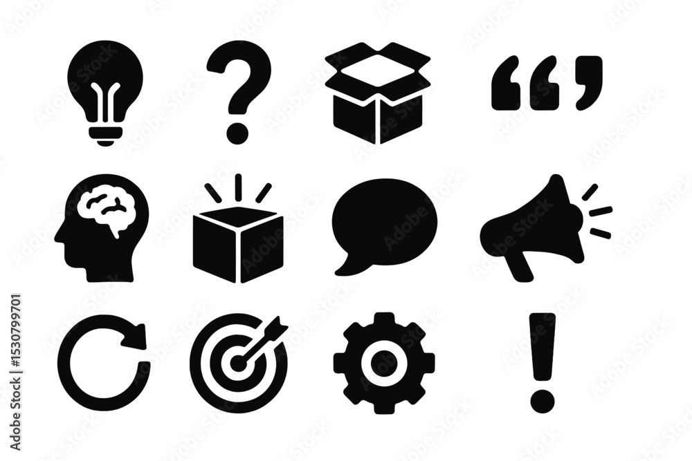 Poster collection of black icons representing creativity, communication, and problem-solving in a modern de