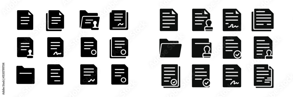 Poster Collection of black and white icons representing documents, folders, and user profiles in a digital interface design
