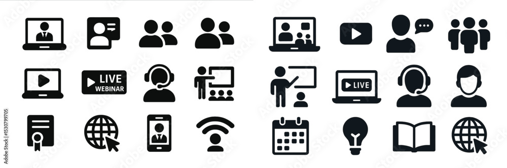 Poster Collection of online education icons representing various digital learning activities and tools in a modern, interactive setting