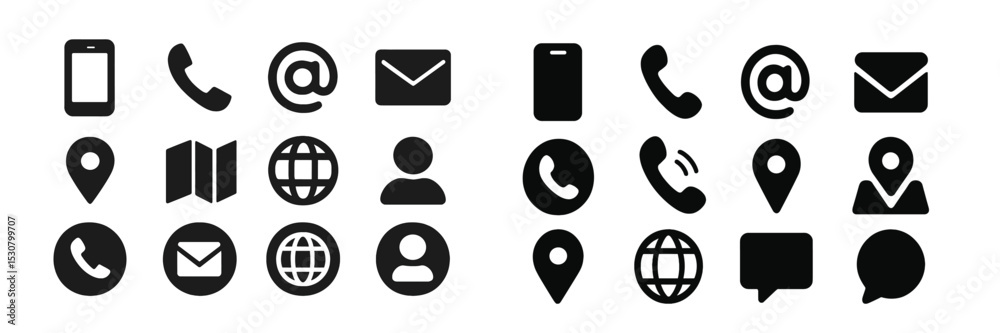 Poster Collection of black communication icons used for digital design and user interface elements in various contexts