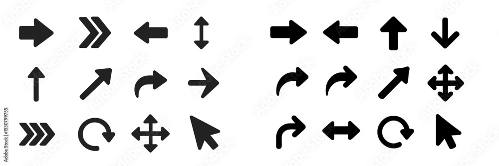 Poster collection of directional arrows and symbols displayed on a plain background for graphic design or l