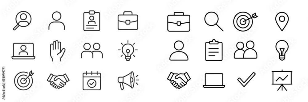 Poster icons representing various professional activities and collaboration in a minimalist style for busin