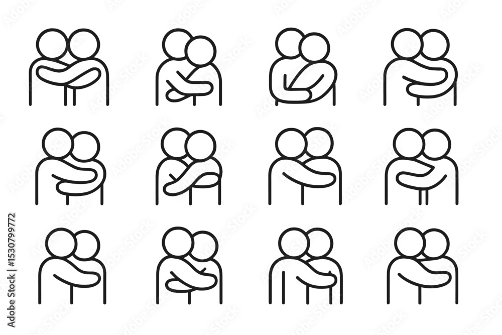 Aufkleber Various representations of hugging with simplistic figures in a uniform grid layout highlighting affection and connection