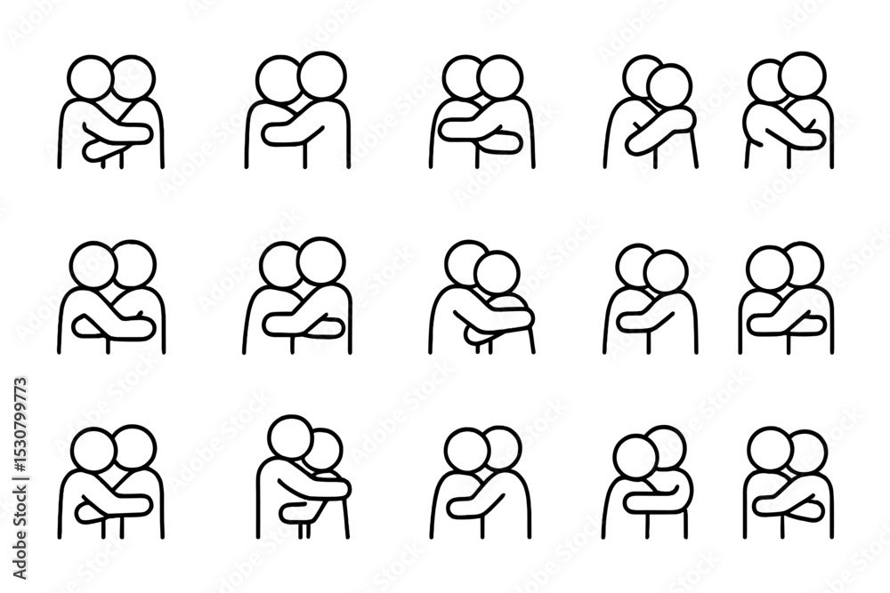 Aufkleber Various representations of people embracing in simple line art style on a white background showcasing connection and affection