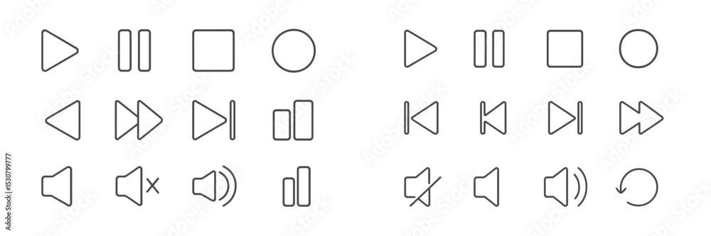Poster symbols for media control displayed in a minimalistic style featuring play, pause, stop, and volume 