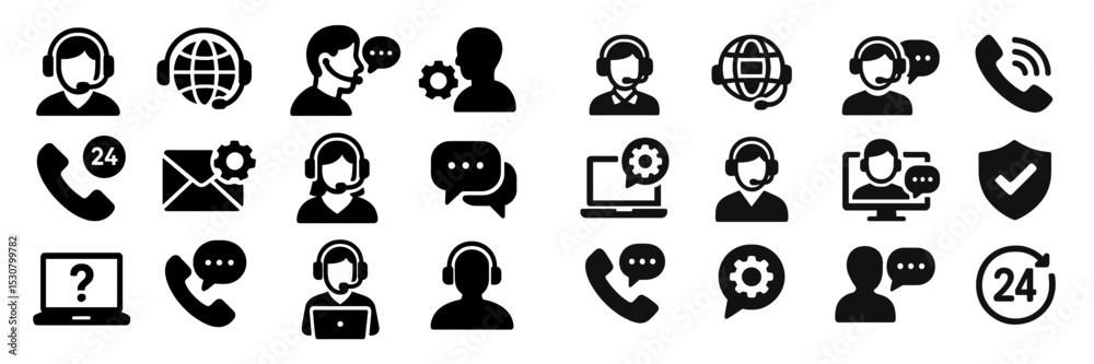 Poster customer service icons representing support roles in a modern digital environment with various commu