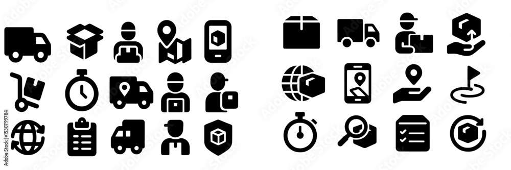Poster icons representing delivery services, logistics, and shipping across various operations and tools fo