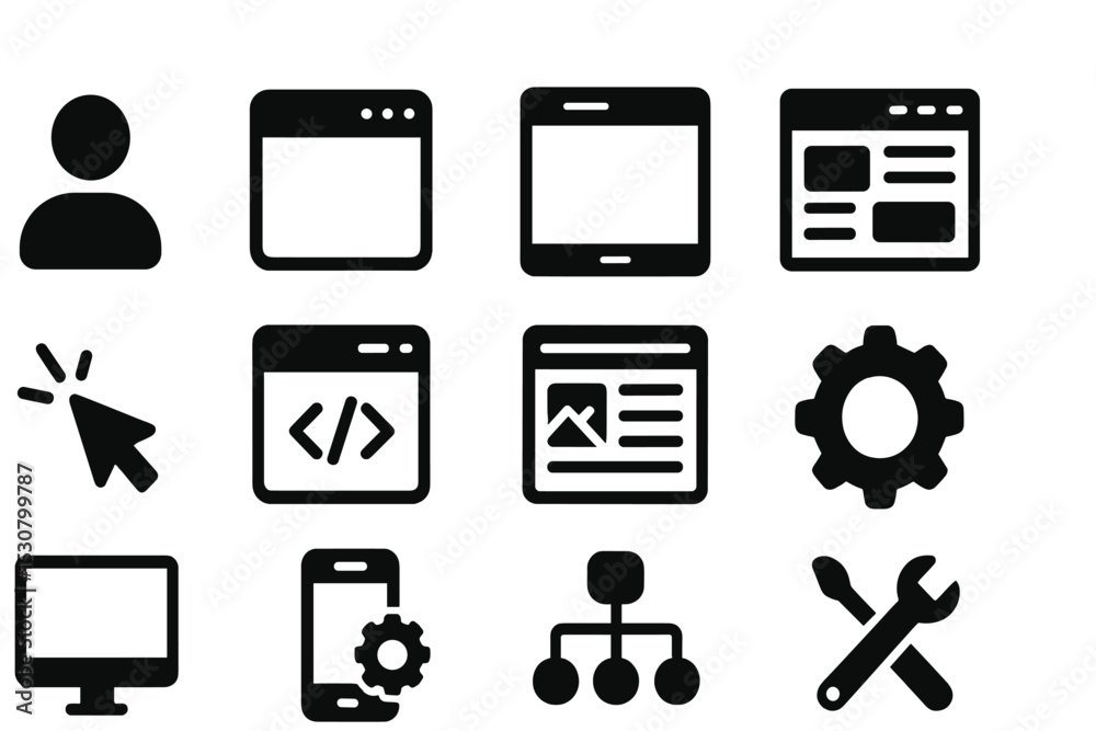 Poster Icons representing various aspects of digital technology, user interface, and web development activities