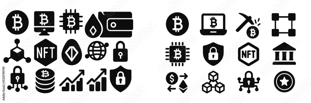 Aufkleber Collection of blockchain and cryptocurrency symbols showcasing digital assets, security, and technology concepts in a unified design
