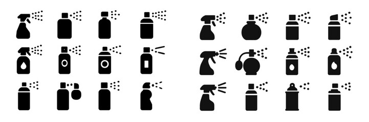 Obraz premium Collection of various spray bottles displayed in two rows with distinct shapes, ideal for cleaning and personal care use