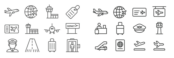 Travel icons representing various aspects of air travel at an airport environment including planes, luggage, and departure signage