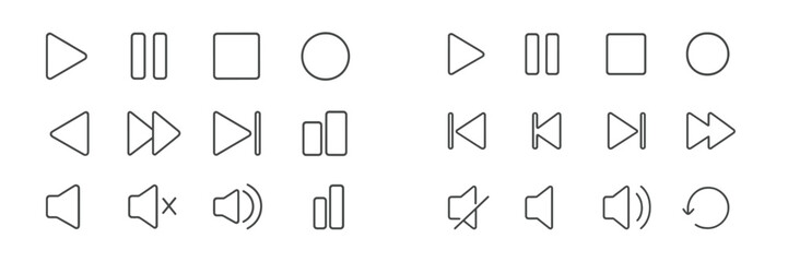 Symbols for media control displayed in a minimalistic style featuring play, pause, stop, and volume icons
