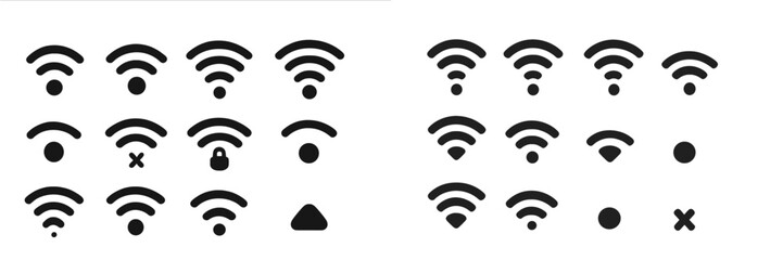 Different wifi symbols in black illustrating connectivity status variations in a digital interface