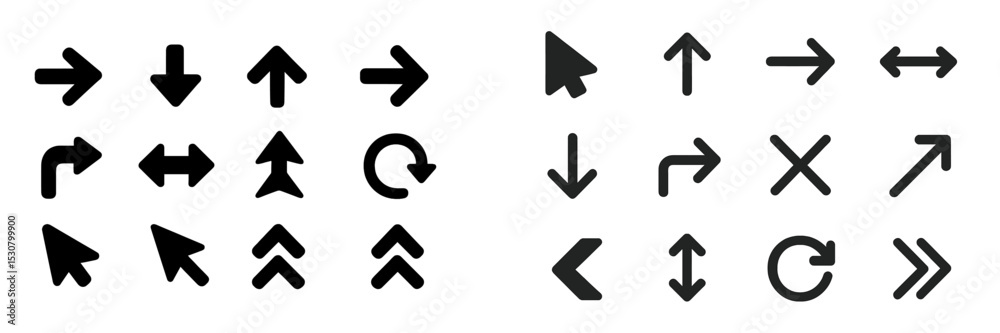 Poster variety of black arrows and directional symbols on a white background for navigation and guidance pu