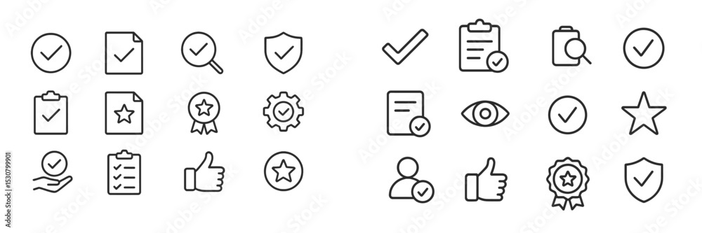 Poster vector icons representing verification, approval, and achievement symbols used in graphic design and