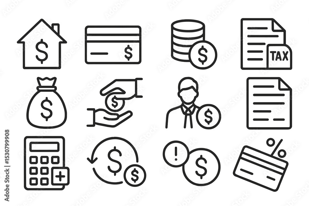 Poster financial concepts and symbols representing money management and taxation in a simple line art style