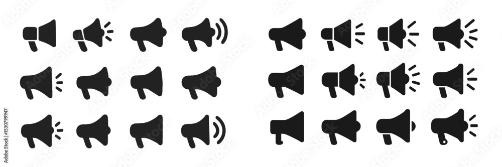 Poster Different styles of megaphones displayed in a grid format illustrating sound and communication concepts