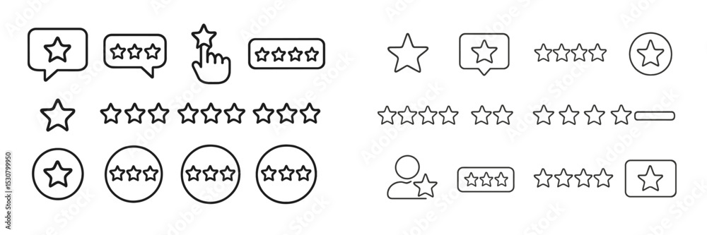 Poster Rating stars and review icons in a simple design layout featuring various feedback elements