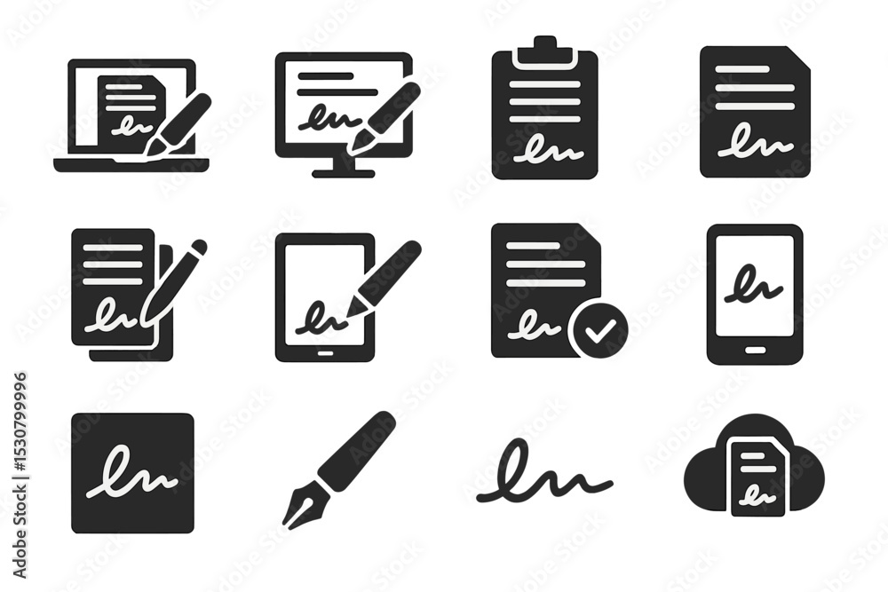 Poster Digital signatures and electronic paperwork symbols representing modern documentation practices